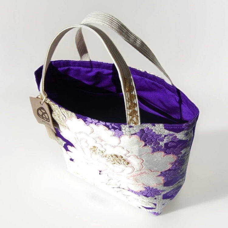 Vintage Fukuro Obi Mini Tote Bag — White Peony on Royal Purple Silk