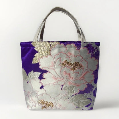 Vintage Fukuro Obi Mini Tote Bag — White Peony on Royal Purple Silk