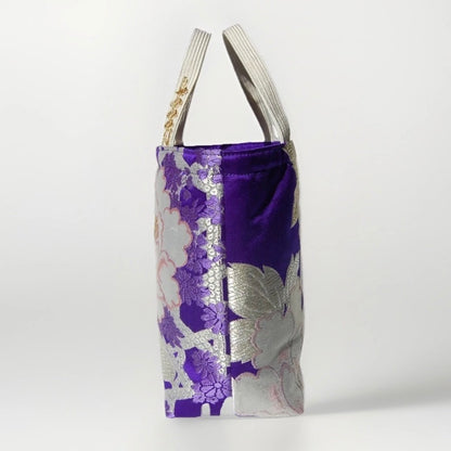 Vintage Fukuro Obi Mini Tote Bag — White Peony on Royal Purple Silk