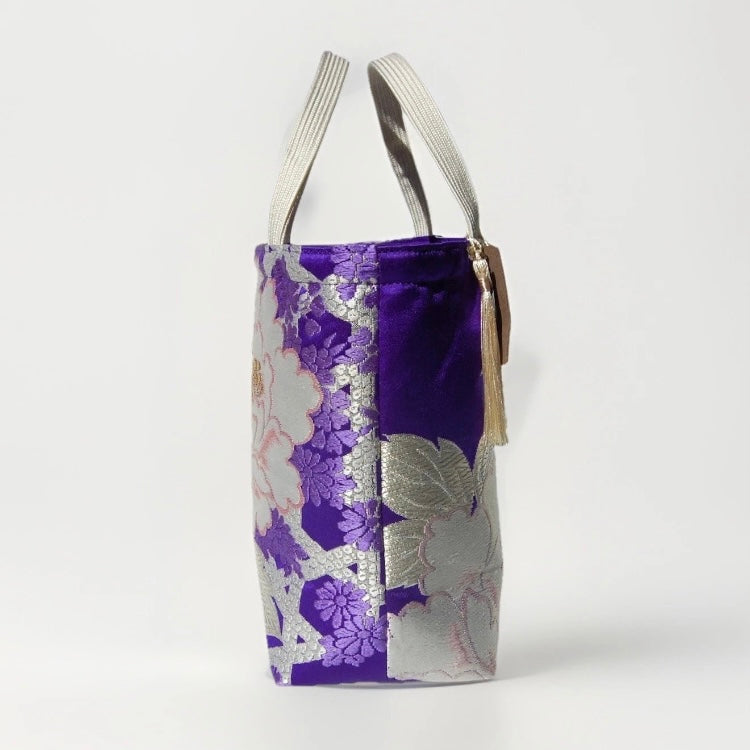 Vintage Fukuro Obi Mini Tote Bag — White Peony on Royal Purple Silk