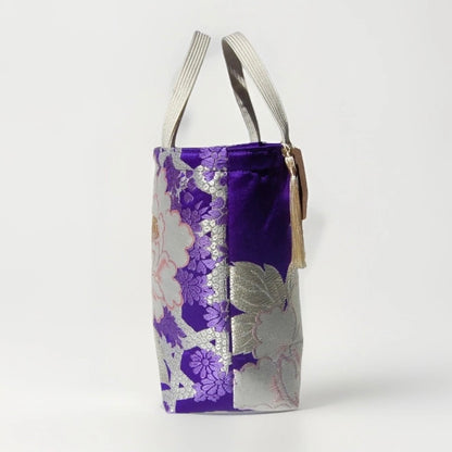 Vintage Fukuro Obi Mini Tote Bag — White Peony on Royal Purple Silk