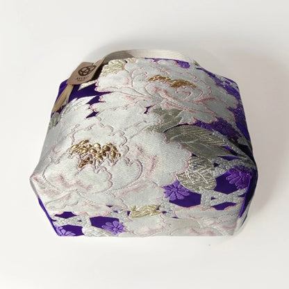 Vintage Fukuro Obi Mini Tote Bag — White Peony on Royal Purple Silk