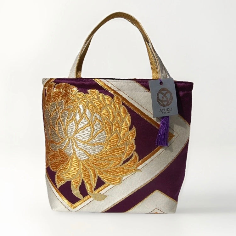 Kikkō & Rangiku 乱菊 Vintage Obi Silk Tote in Purple Gold Silver