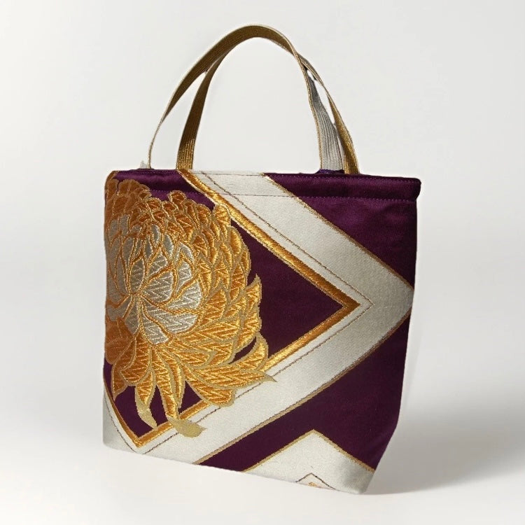 Kikkō & Rangiku 乱菊 Vintage Obi Silk Tote in Purple Gold Silver