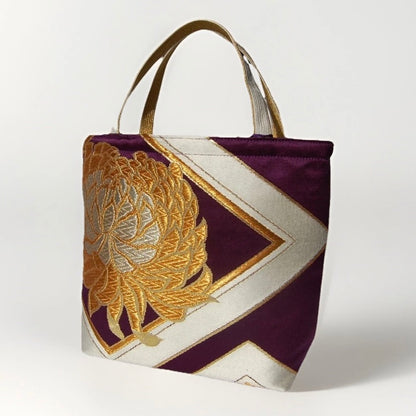 Kikkō & Rangiku 乱菊 Vintage Obi Silk Tote in Purple Gold Silver