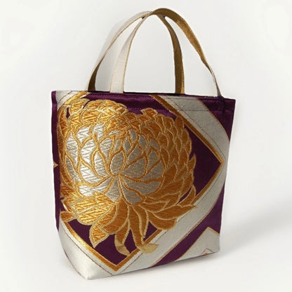 Kikkō & Rangiku 乱菊 Vintage Obi Silk Tote in Purple Gold Silver