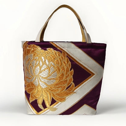 Kikkō & Rangiku 乱菊 Vintage Obi Silk Tote in Purple Gold Silver