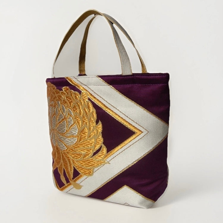 Kikkō & Rangiku 乱菊 Vintage Obi Silk Tote in Purple Gold Silver