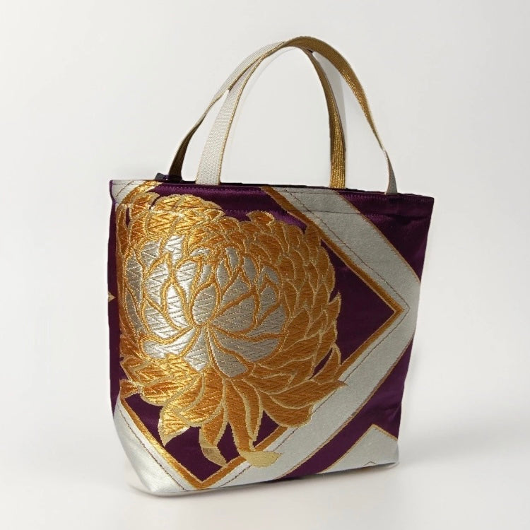 Kikkō & Rangiku 乱菊 Vintage Obi Silk Tote in Purple Gold Silver