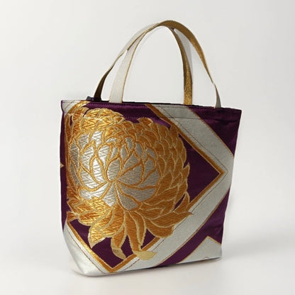 Kikkō & Rangiku 乱菊 Vintage Obi Silk Tote in Purple Gold Silver