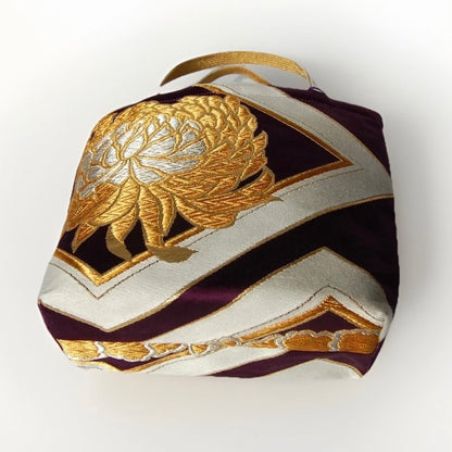 Kikkō & Rangiku 乱菊 Vintage Obi Silk Tote in Purple Gold Silver