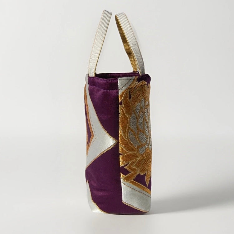 Kikkō & Rangiku 乱菊 Vintage Obi Silk Tote in Purple Gold Silver