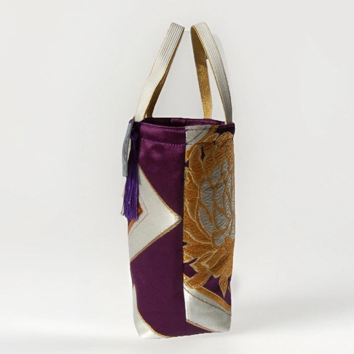 Kikkō & Rangiku 乱菊 Vintage Obi Silk Tote in Purple Gold Silver