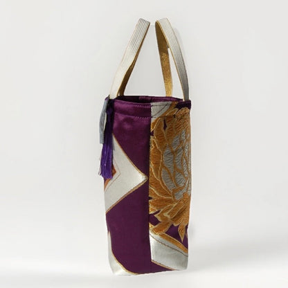 Kikkō & Rangiku 乱菊 Vintage Obi Silk Tote in Purple Gold Silver