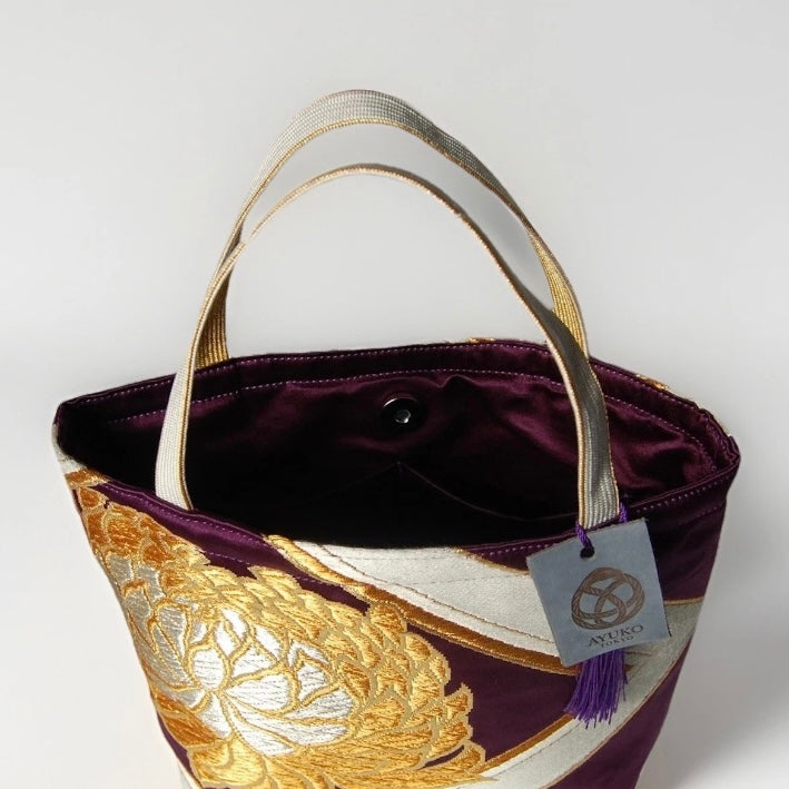 Kikkō & Rangiku 乱菊 Vintage Obi Silk Tote in Purple Gold Silver