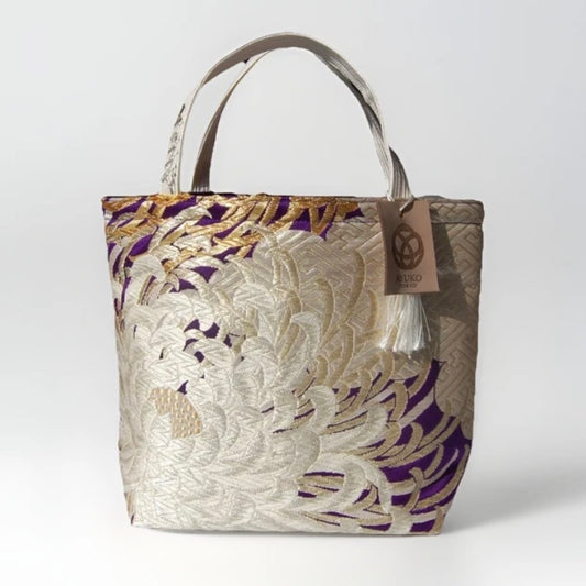 Kumodori & Rangiku 乱菊 Vintage Obi Silk Tote in Purple Silver Gold