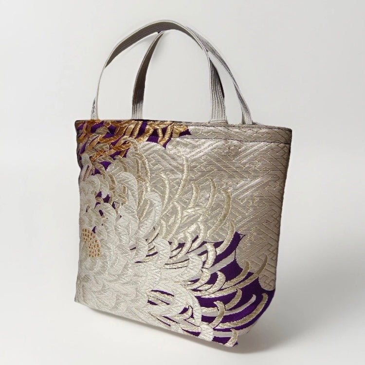 Kumodori & Rangiku 乱菊 Vintage Obi Silk Tote in Purple Silver Gold