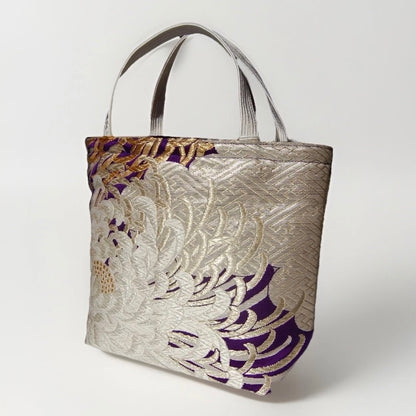Kumodori & Rangiku 乱菊 Vintage Obi Silk Tote in Purple Silver Gold