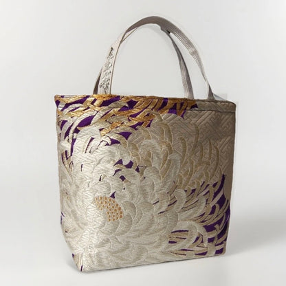 Kumodori & Rangiku 乱菊 Vintage Obi Silk Tote in Purple Silver Gold