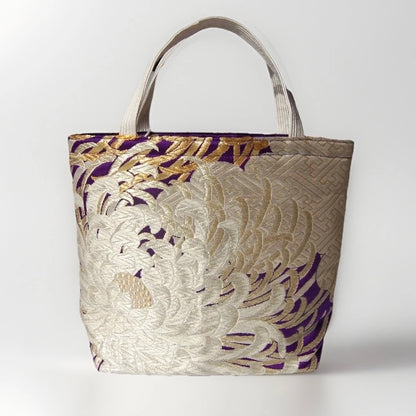 Kumodori & Rangiku 乱菊 Vintage Obi Silk Tote in Purple Silver Gold