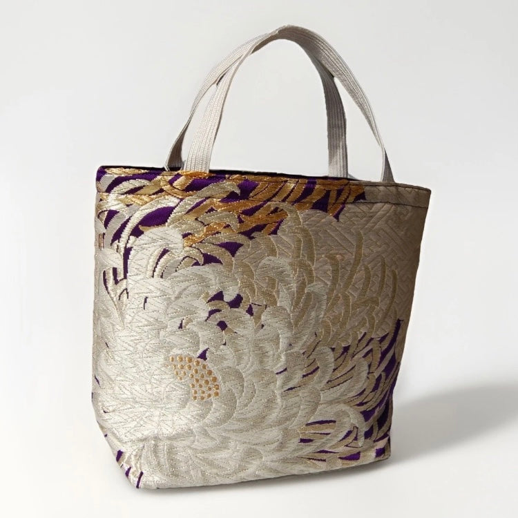 Kumodori & Rangiku 乱菊 Vintage Obi Silk Tote in Purple Silver Gold