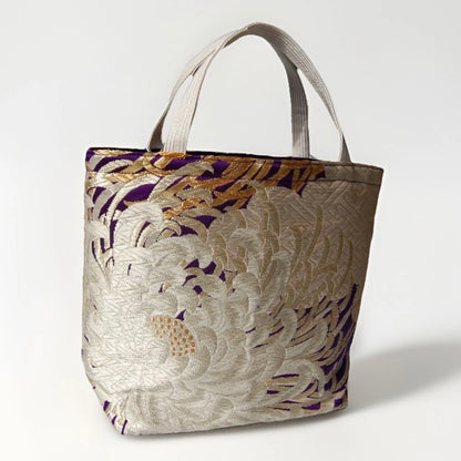Kumodori & Rangiku 乱菊 Vintage Obi Silk Tote in Purple Silver Gold