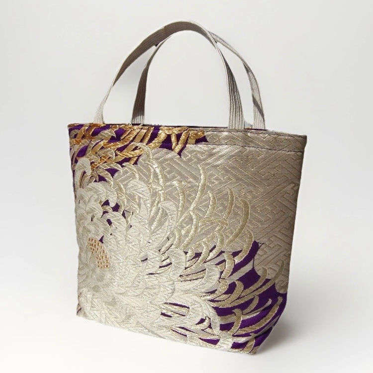 Kumodori & Rangiku 乱菊 Vintage Obi Silk Tote in Purple Silver Gold