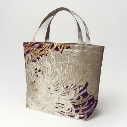 Kumodori & Rangiku 乱菊 Vintage Obi Silk Tote in Purple Silver Gold