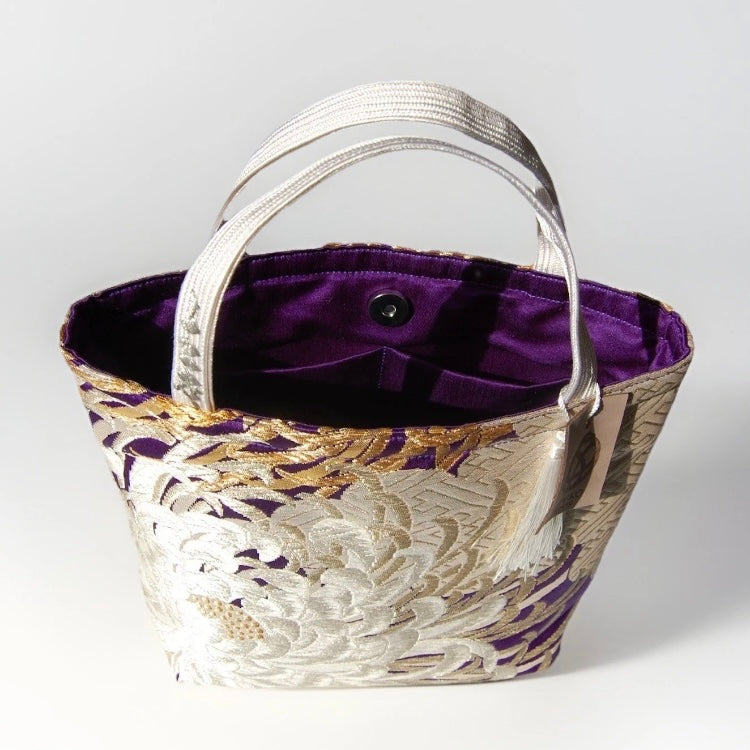 Kumodori & Rangiku 乱菊 Vintage Obi Silk Tote in Purple Silver Gold
