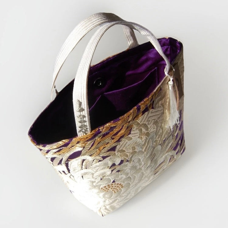 Kumodori & Rangiku 乱菊 Vintage Obi Silk Tote in Purple Silver Gold
