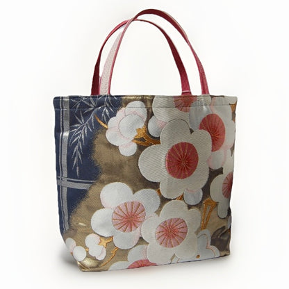Vintage Fukuro Obi Mini Tote Bag — White & Pink Plum Blossom on Navy Silk