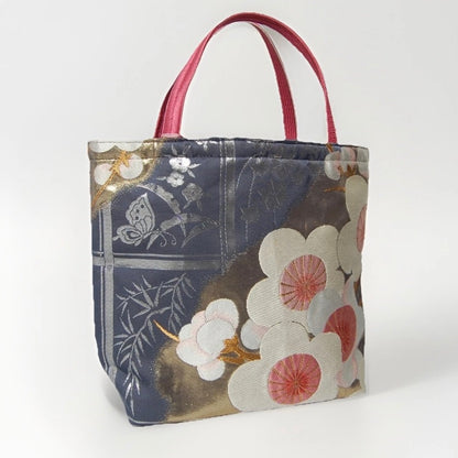 Vintage Fukuro Obi Mini Tote Bag — White & Pink Plum Blossom on Navy Silk