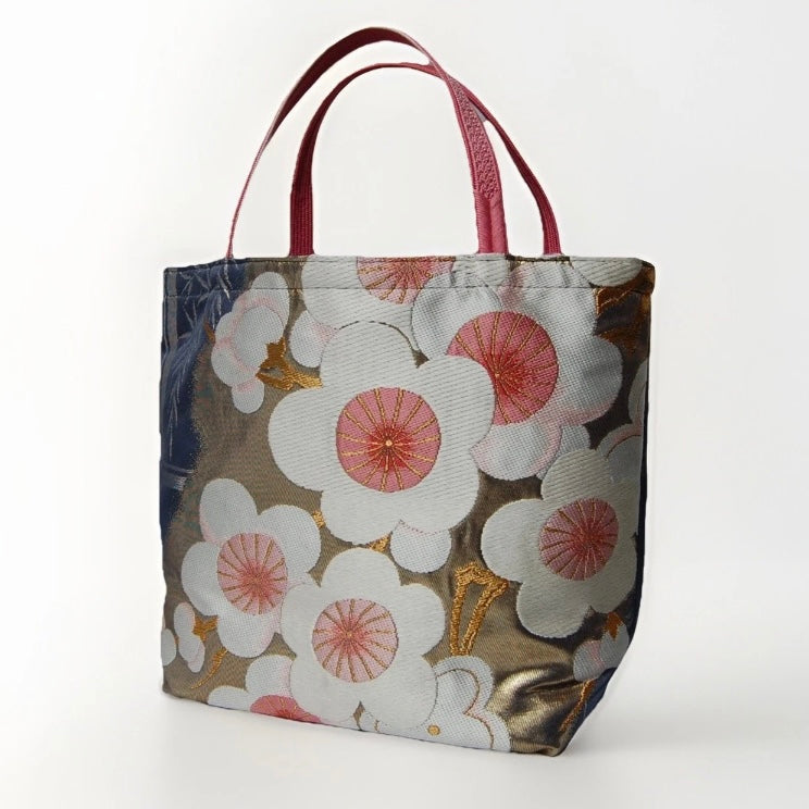 Vintage Fukuro Obi Mini Tote Bag — White & Pink Plum Blossom on Navy Silk