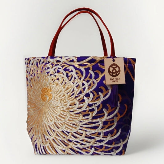 Rangiku 乱菊 Chrysanthemum Vintage Obi Silk Tote in Violet Blue