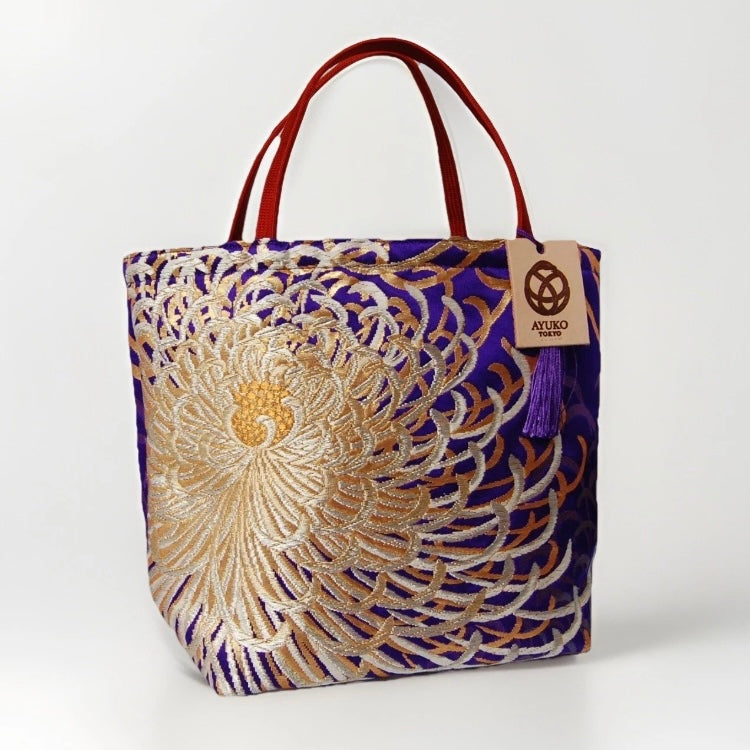 Rangiku 乱菊 Chrysanthemum Vintage Obi Silk Tote in Violet Blue