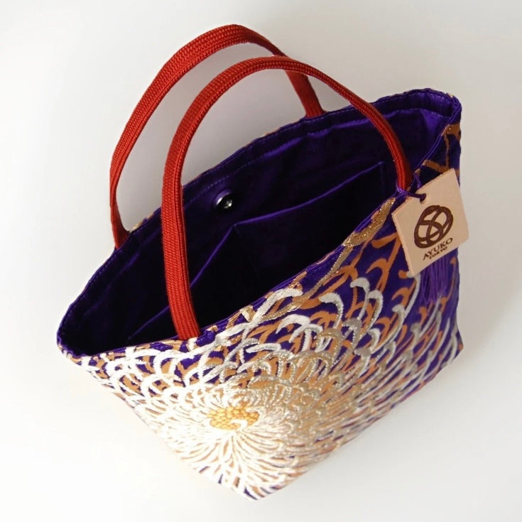 Rangiku 乱菊 Chrysanthemum Vintage Obi Silk Tote in Violet Blue