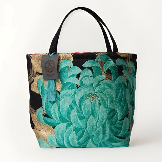 Rangiku 乱菊 Chrysanthemum Vintage Obi Silk Tote in Emerald Black