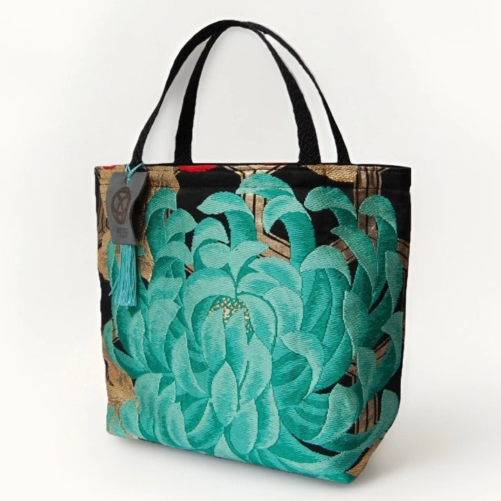 Rangiku 乱菊 Chrysanthemum Vintage Obi Silk Tote in Emerald Black