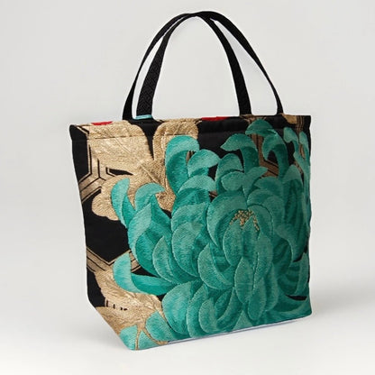 Rangiku 乱菊 Chrysanthemum Vintage Obi Silk Tote in Emerald Black