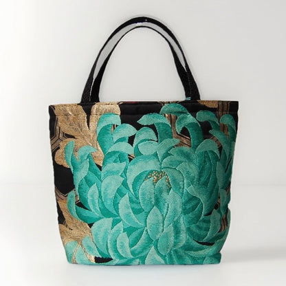 Rangiku 乱菊 Chrysanthemum Vintage Obi Silk Tote in Emerald Black