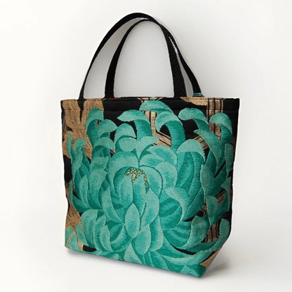 Rangiku 乱菊 Chrysanthemum Vintage Obi Silk Tote in Emerald Black
