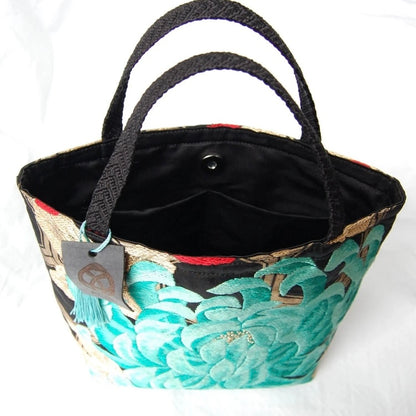 Rangiku 乱菊 Chrysanthemum Vintage Obi Silk Tote in Emerald Black
