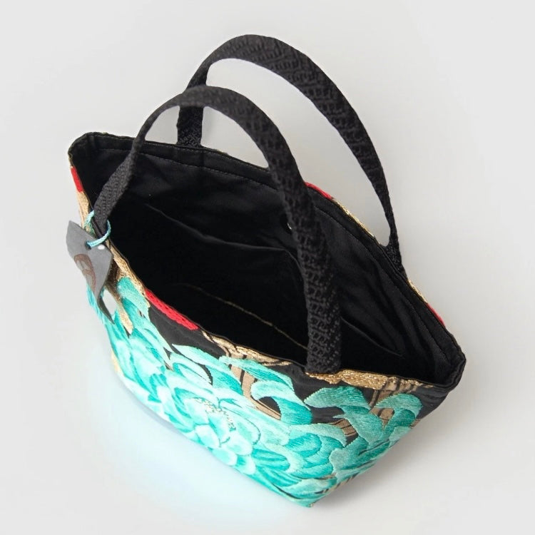 Rangiku 乱菊 Chrysanthemum Vintage Obi Silk Tote in Emerald Black