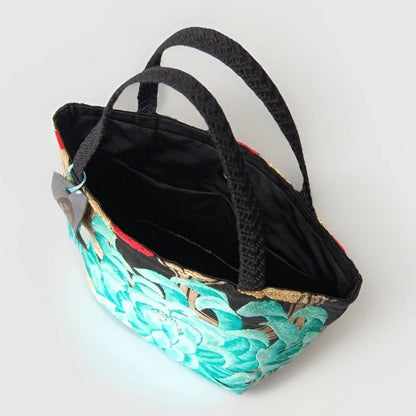 Rangiku 乱菊 Chrysanthemum Vintage Obi Silk Tote in Emerald Black