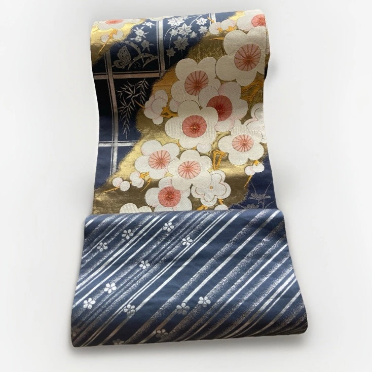 Vintage Fukuro Obi Mini Tote Bag — White & Pink Plum Blossom on Navy Silk
