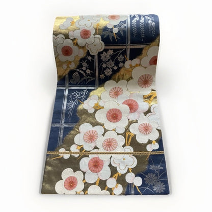 Vintage Fukuro Obi Mini Tote Bag — White & Pink Plum Blossom on Navy Silk