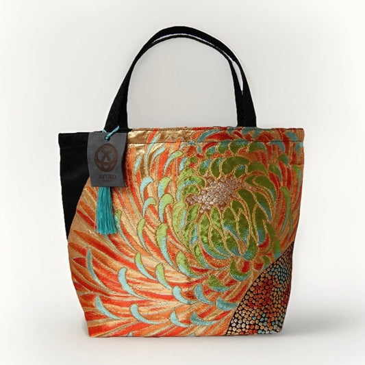 Rangiku 乱菊 Chrysanthemum Vintage Obi Silk Tote in Gold Green