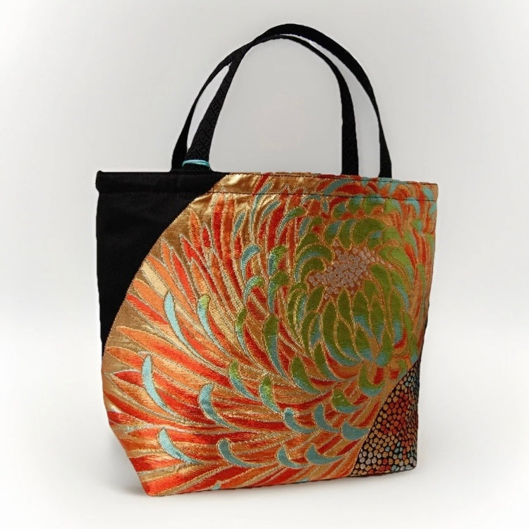 Rangiku 乱菊 Chrysanthemum Vintage Obi Silk Tote in Gold Green