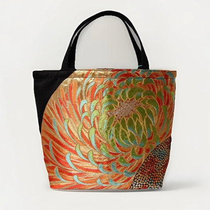 Rangiku 乱菊 Chrysanthemum Vintage Obi Silk Tote in Gold Green