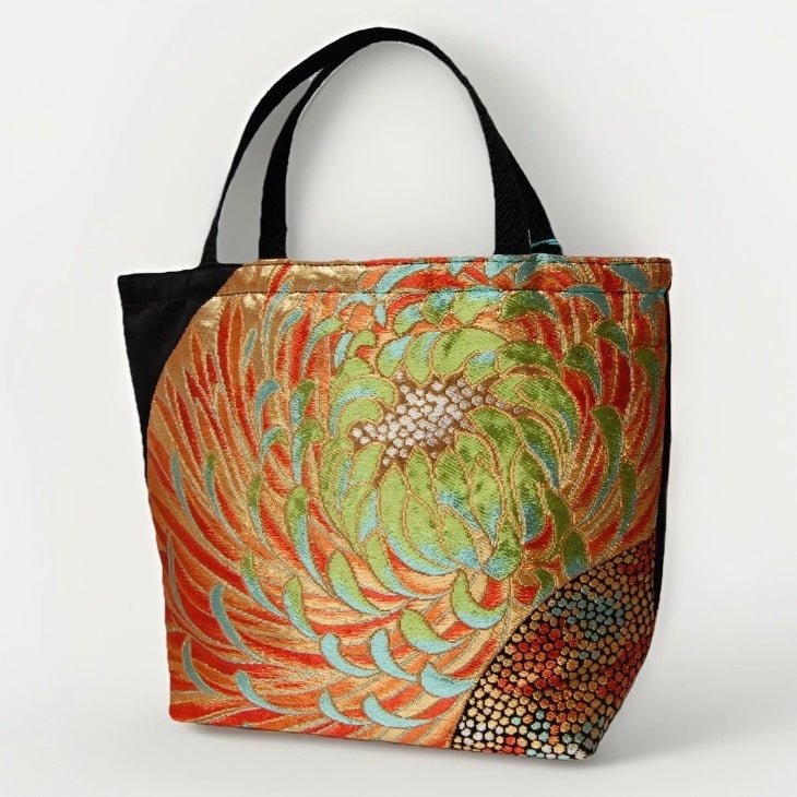 Rangiku 乱菊 Chrysanthemum Vintage Obi Silk Tote in Gold Green